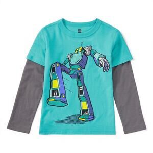 Tea Collection NWT Kids Robot Graphic Tee Layered Sleeve Cotton Shirt. Size 2